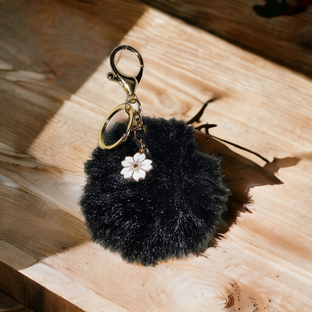 ✨ Black Pom Pom w/ Flower PURSE CHARM/KEYCHAIN | FREE w/ any BUNDLE or $4